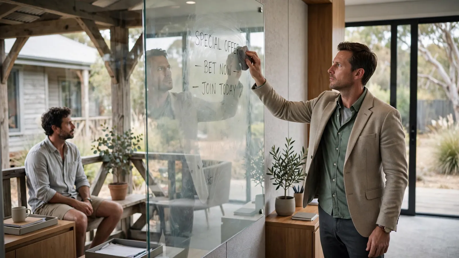 Marketing manager erasing a board while a customer appears in reflection