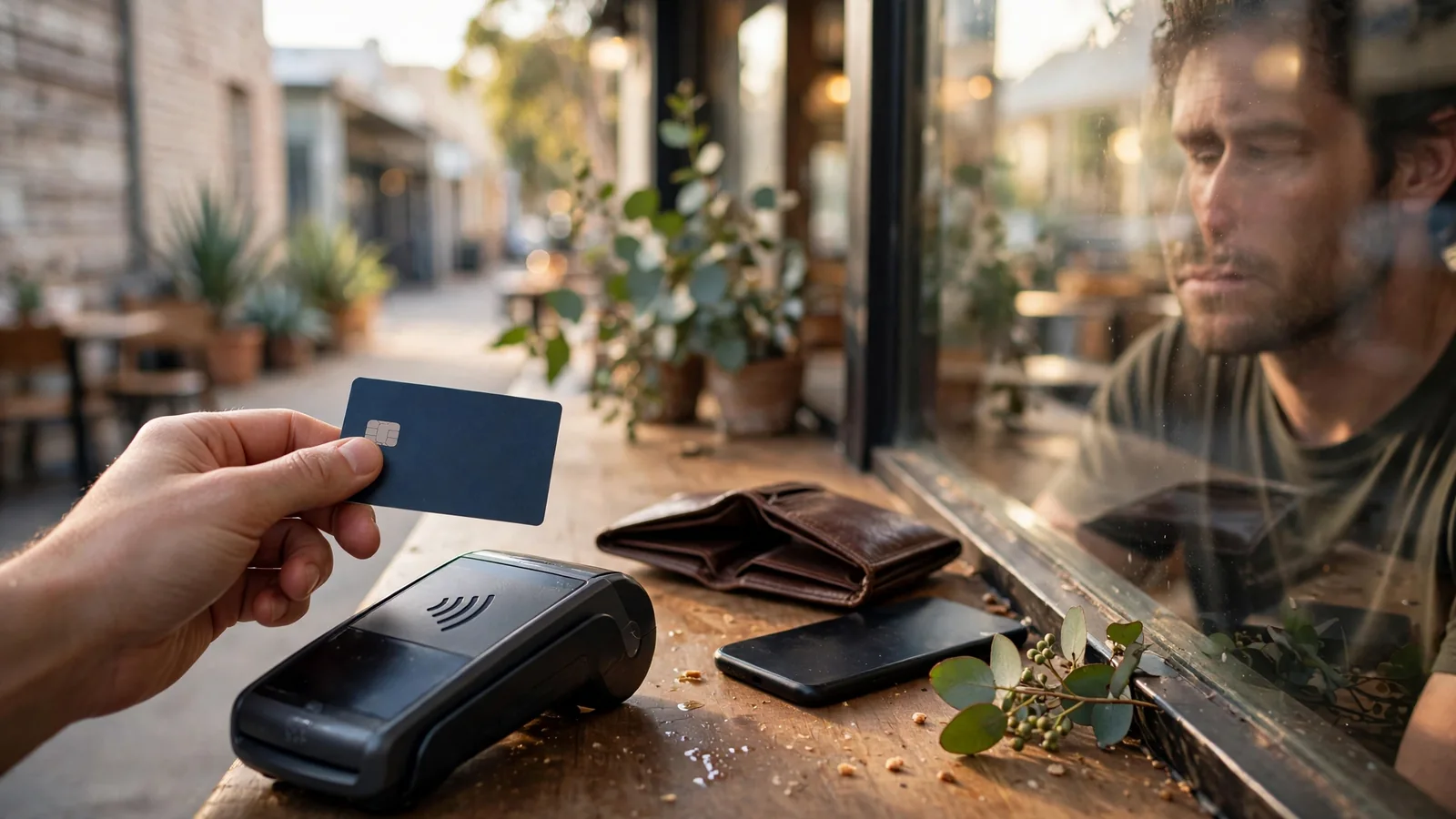 Person holding a bank card near a payment terminal with face-down phone