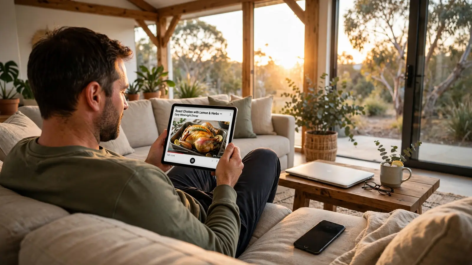 Person using a tablet at home with a laptop and smartphone nearby